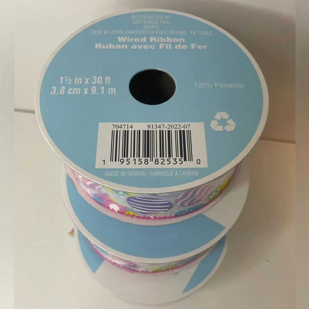 White Mesh Ribbon with Colorful Easter Egg Design, Easter wired ribbon,1.5”x30ft